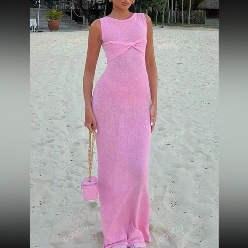 SHEIN Pink Sleeveless Twist-Front Maxi Dress